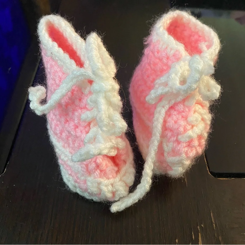 Crochet Baby Bootie Sneakers Pink and White Hand Knit Baby Girl Baby Shower Gift